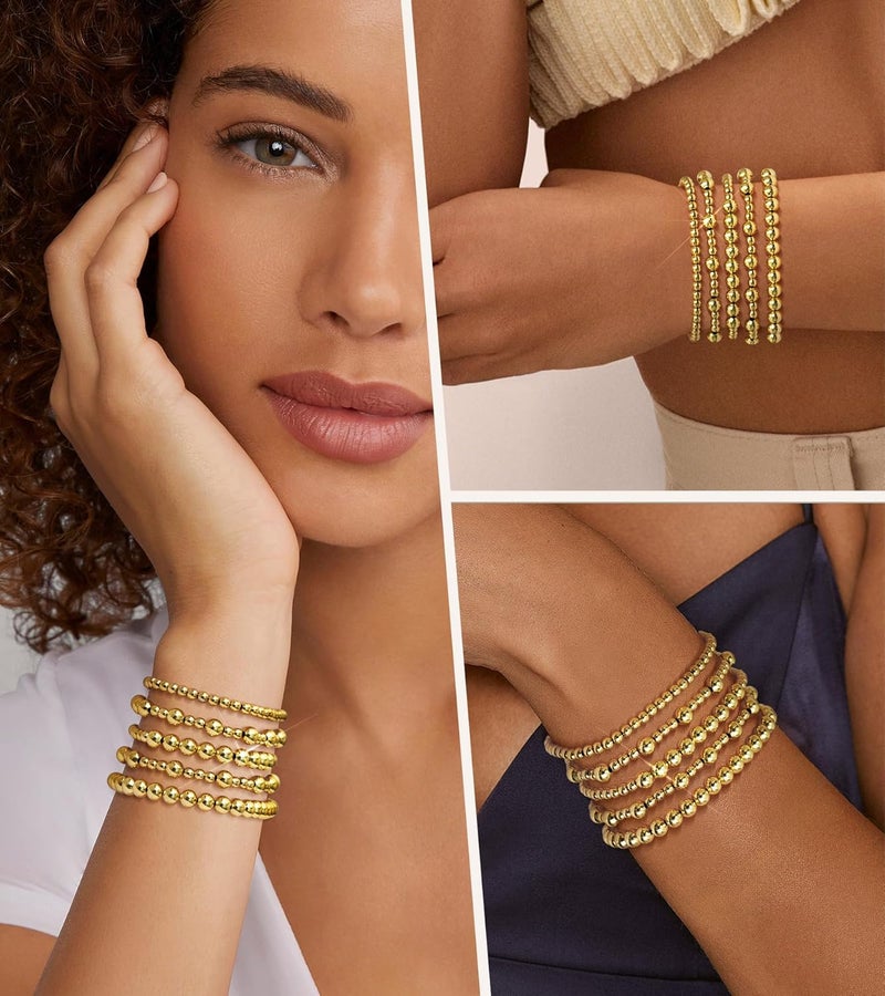 adoyi Gold Bracelets for Women Beaded Bracelet 14K Gold Plated Bracelet Stack Strand Stretch Bead Ball Bracelet Set Stackable Bracelet Adjustable Bracelet Set Jewelry for Gifts - Image 4